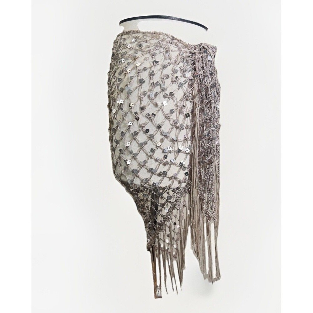 Boutique Cover Up One Size Women's Crochet Triangle w/ Fringe Silver Beige Swim